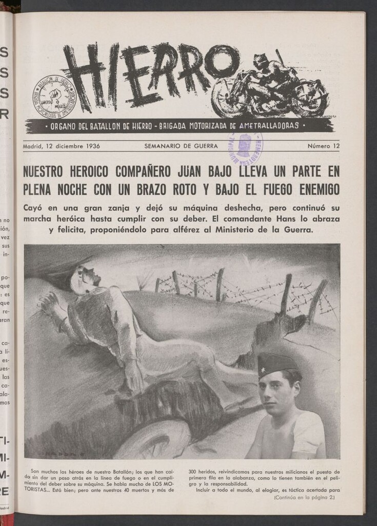 Miniatura de Hierro : órgano del Batallón de Hierro, Brigada Motorizada de Ametralladoras : semanario de guerra del 12 de diciembre de 1936