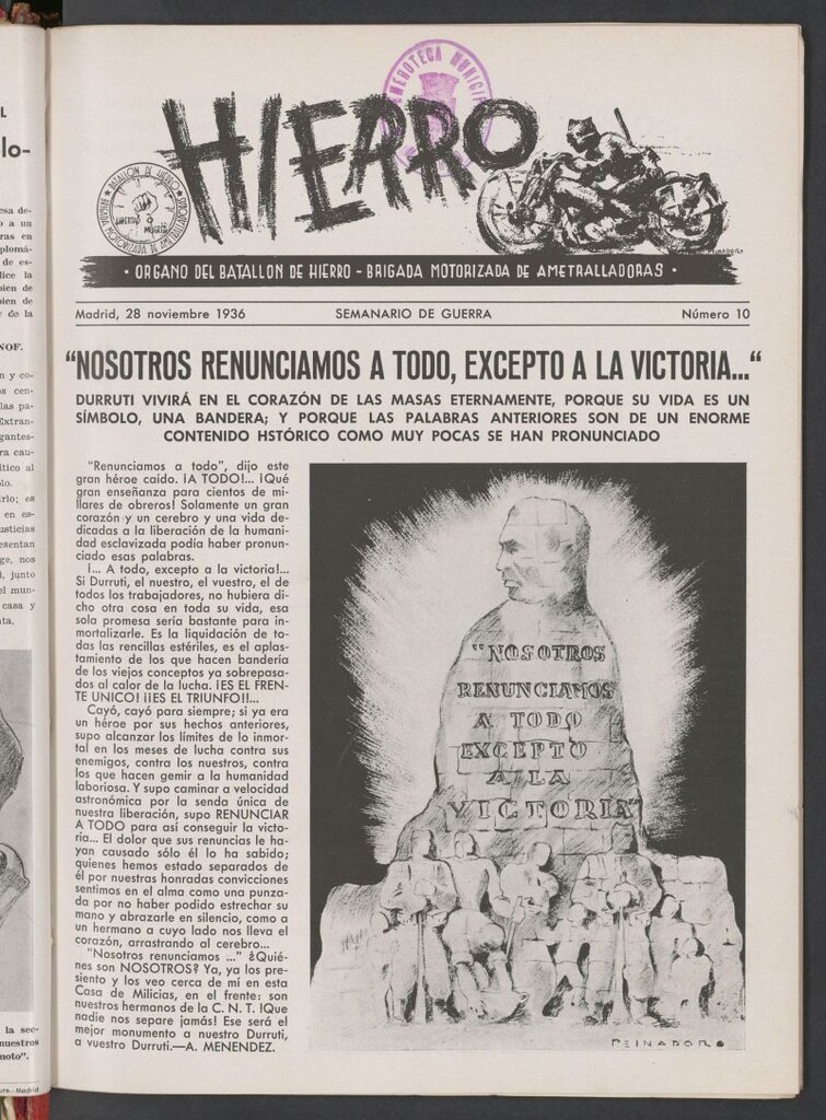 Miniatura de Hierro : órgano del Batallón de Hierro, Brigada Motorizada de Ametralladoras : semanario de guerra del 28 de noviembre de 1936