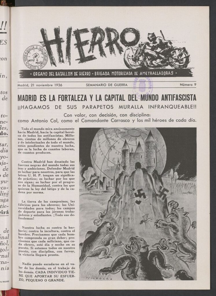 Miniatura de Hierro : órgano del Batallón de Hierro, Brigada Motorizada de Ametralladoras : semanario de guerra del 21 de noviembre de 1936