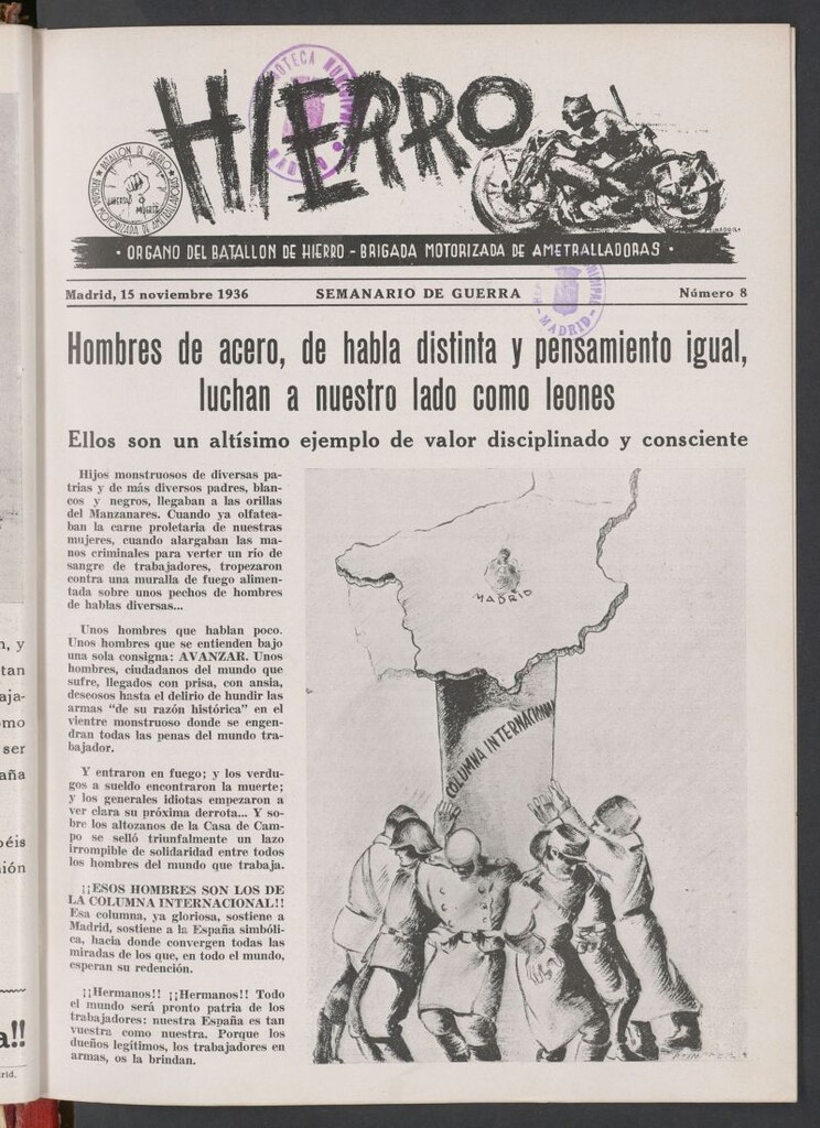 Miniatura de Hierro : órgano del Batallón de Hierro, Brigada Motorizada de Ametralladoras : semanario de guerra del 15 de noviembre de 1936