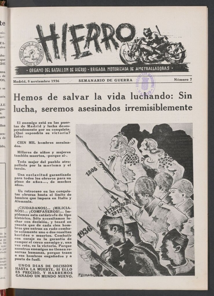 Miniatura de Hierro : órgano del Batallón de Hierro, Brigada Motorizada de Ametralladoras : semanario de guerra del 8 de noviembre de 1936