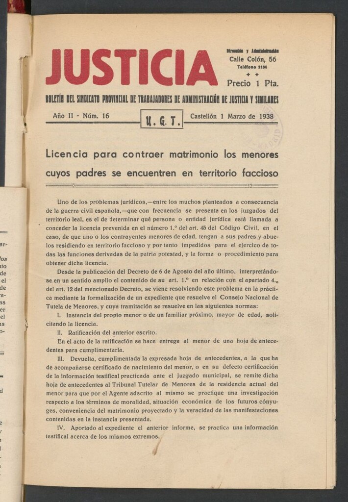 Miniatura de Justicia : boletín del Sindicato Provincial de Administración y Justicia y Similares del 1 de marzo de 1938