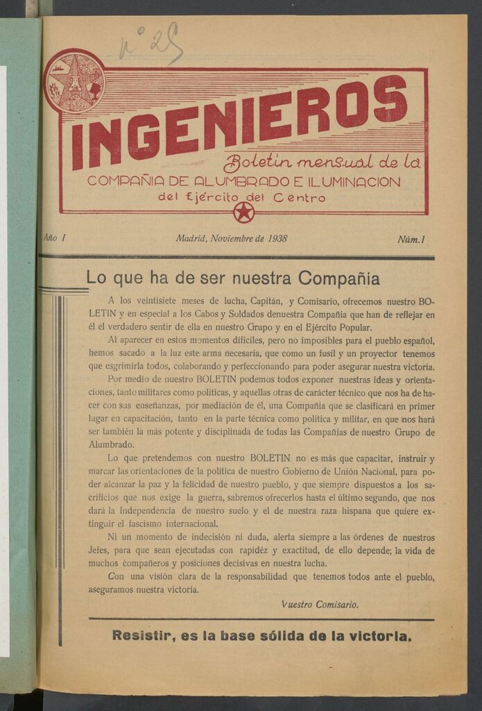 Miniatura de Ingenieros : boletín mensual de la Compañía de Alumbrado e Iluminación del Ejército del Centro de noviembre de 1938
