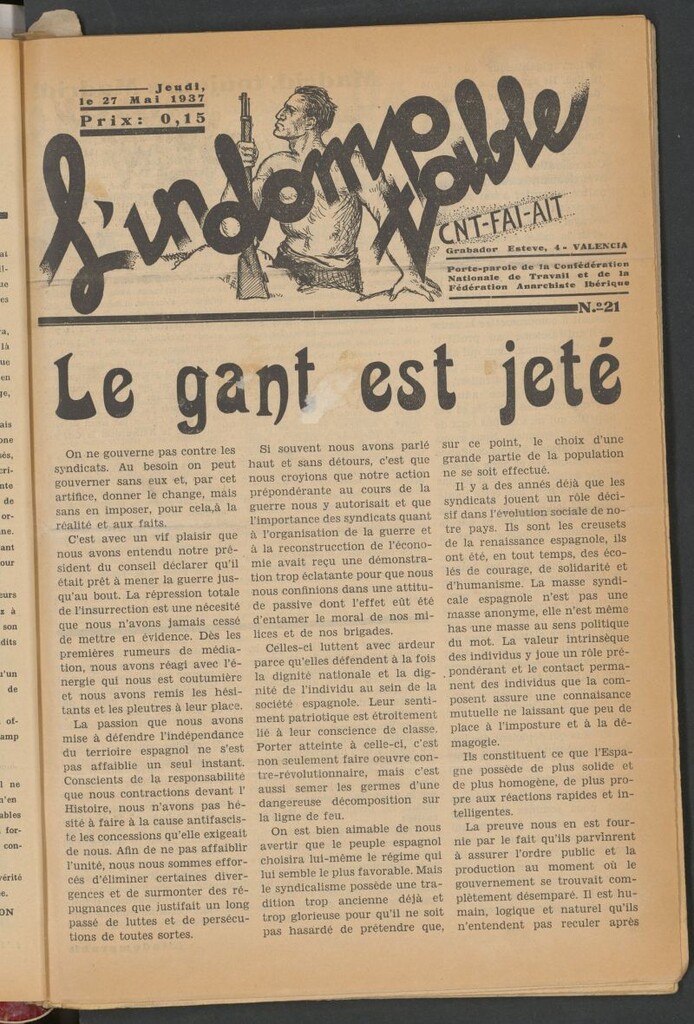 Miniatura de L´Indomptable : porte-parole de la Confédération Nationale de Travail et de la Fédération Anarchiste Ibérique. 27 mai, 1937
