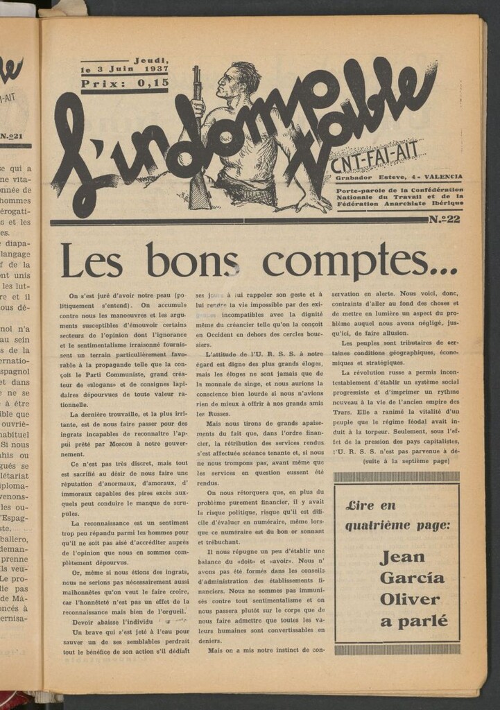 Miniatura de L´Indomptable : porte-parole de la Confédération Nationale de Travail et de la Fédération Anarchiste Ibérique. 3 juin, 1937