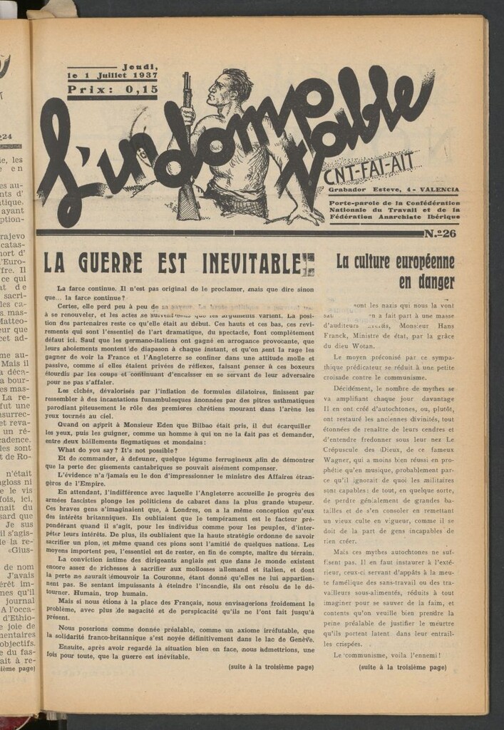 Miniatura de L´Indomptable : porte-parole de la Confédération Nationale de Travail et de la Fédération Anarchiste Ibérique. 1 juillet, 1937