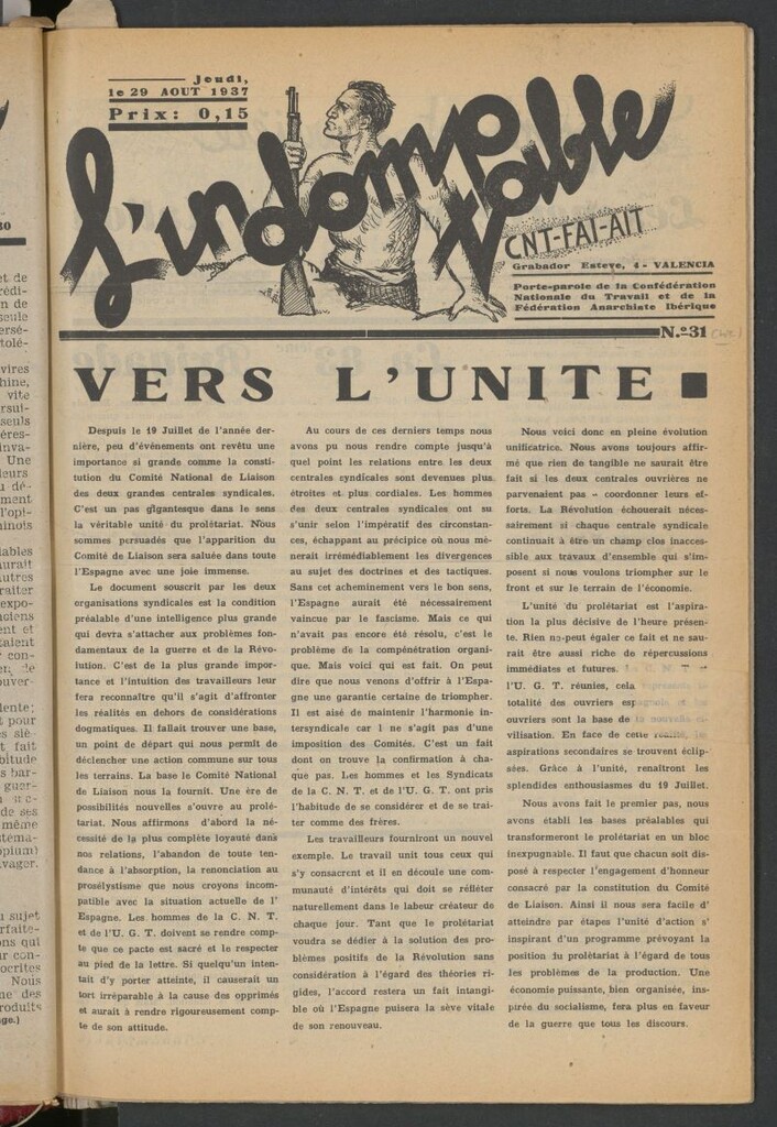 Miniatura de L´Indomptable : porte-parole de la Confédération Nationale de Travail et de la Fédération Anarchiste Ibérique. 29 aout, 1937