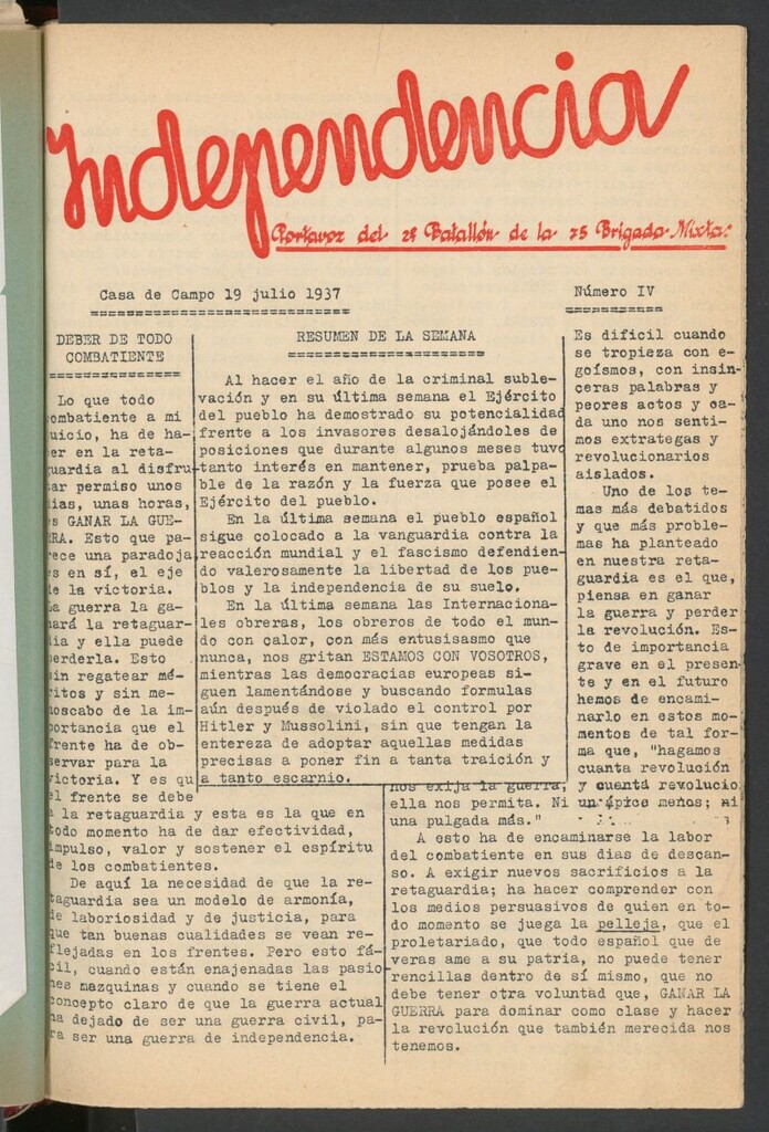 Miniatura de Independencia : portavoz del 2º Batallón de la 75 Brigada Mixta del 19 de julio de 1937