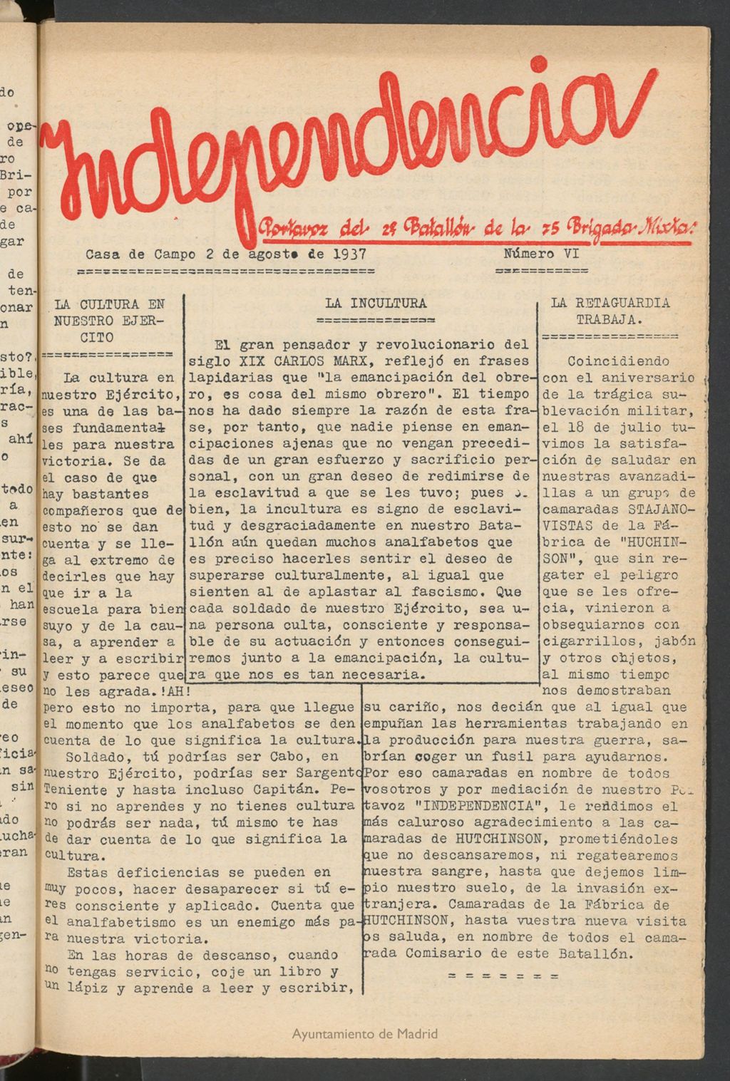 Miniatura de Independencia : portavoz del 2º Batallón de la 75 Brigada Mixta del 2 de agosto de 1937
