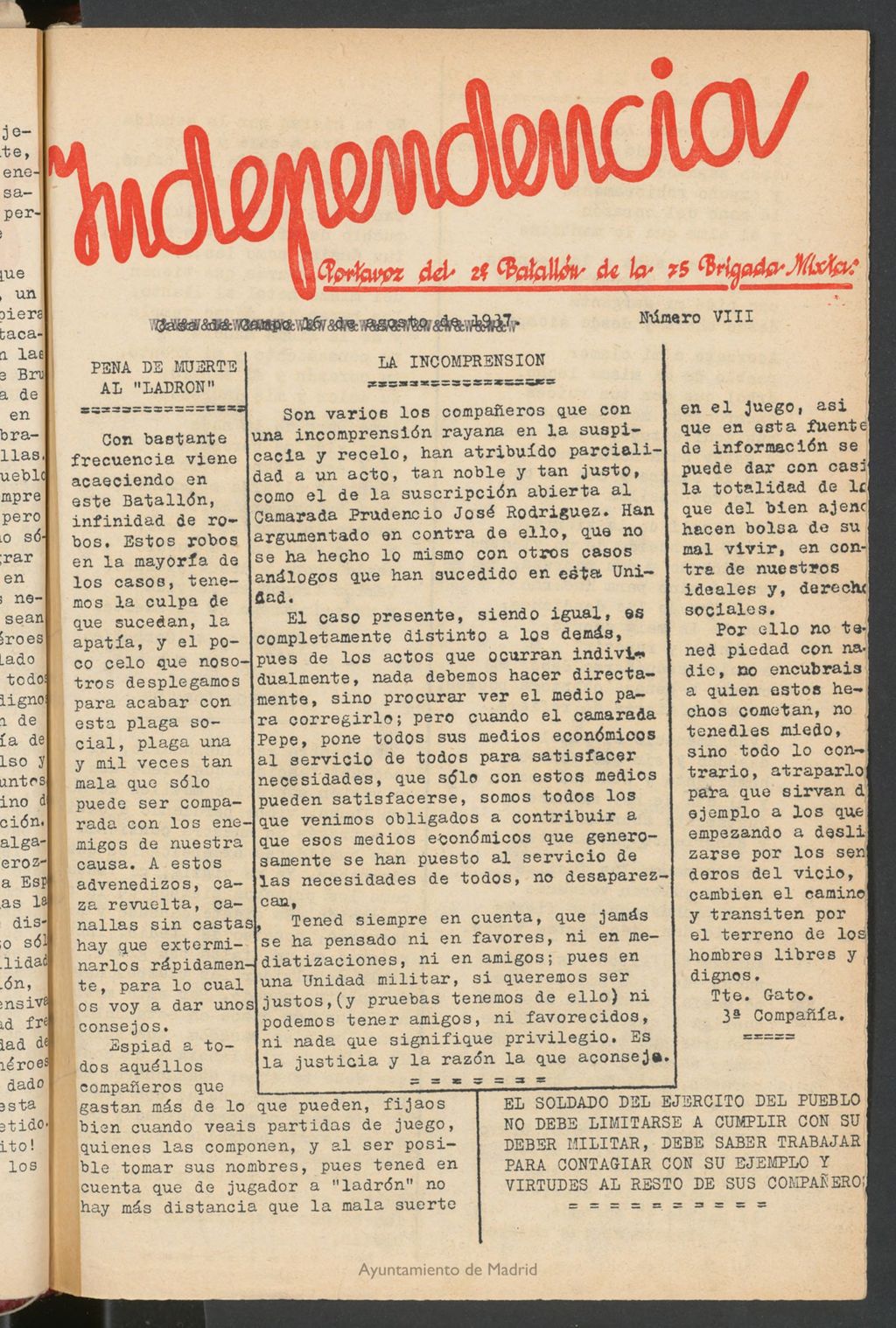 Miniatura de Independencia : portavoz del 2º Batallón de la 75 Brigada Mixta del 16 de agosto de 1937
