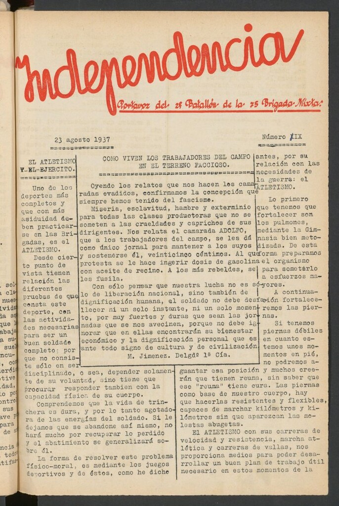 Miniatura de Independencia : portavoz del 2º Batallón de la 75 Brigada Mixta del 23 de agosto de 1937
