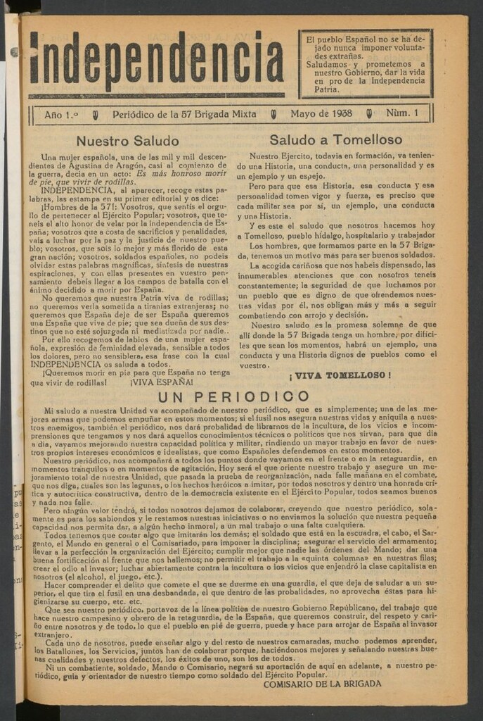 Miniatura de Independencia : periódico de la 57 Brigada Mixta de mayo de 1938