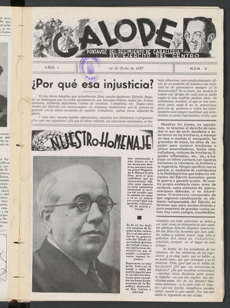 Miniatura de Galope : portavoz del Regimiento de Caballería del Ejercito del Centro del 12 de julio de 1937