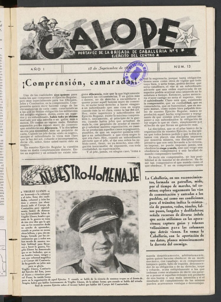 Miniatura de Galope : portavoz del Regimiento de Caballería del Ejercito del Centro del 13 de septiembre de 1937