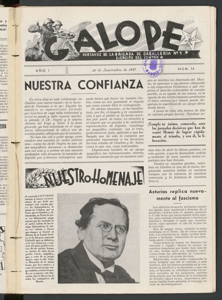 Miniatura de Galope : portavoz del Regimiento de Caballería del Ejercito del Centro del 20 de septiembre de 1937