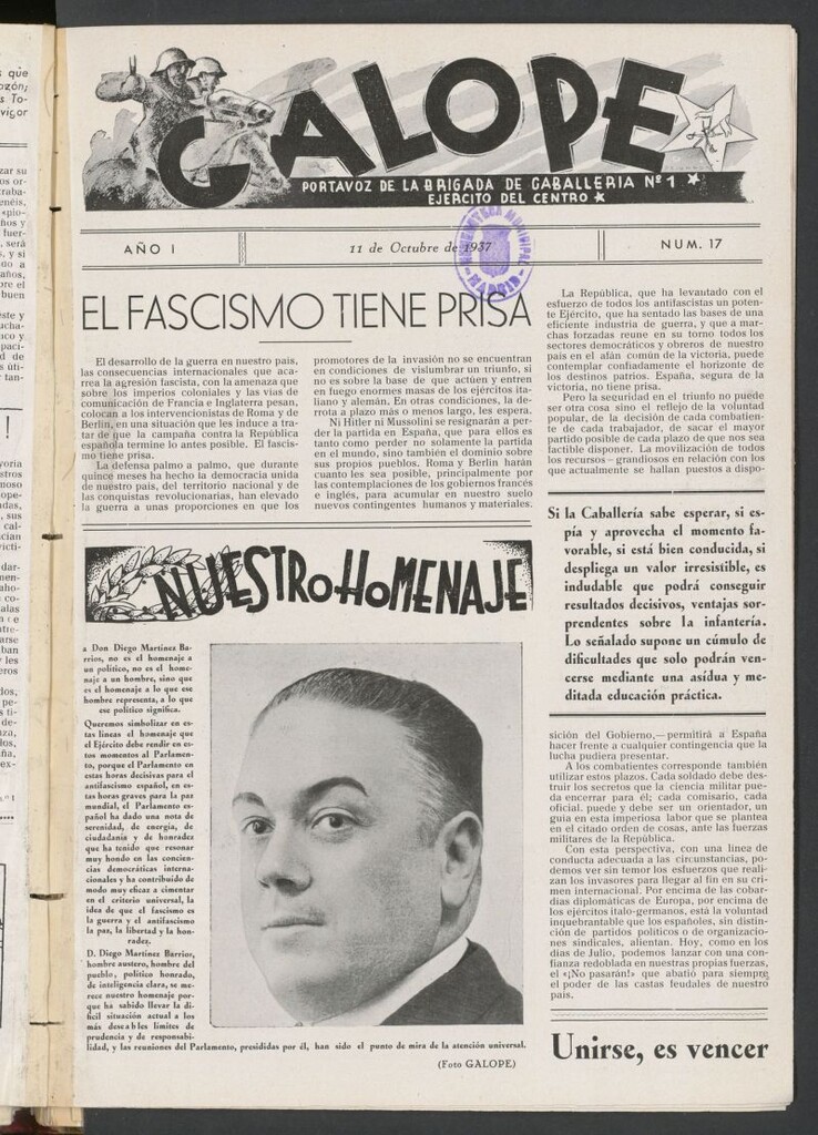 Miniatura de Galope : portavoz del Regimiento de Caballería del Ejercito del Centro del 11 de octubre de 1937