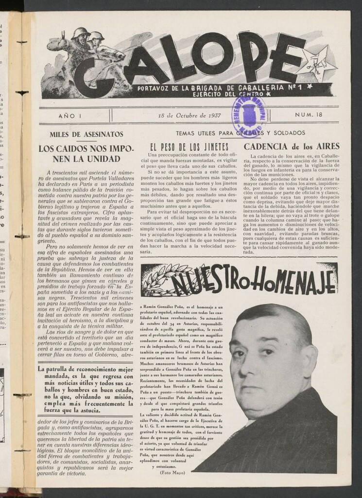 Miniatura de Galope : portavoz del Regimiento de Caballería del Ejercito del Centro del 18 de octubre de 1937