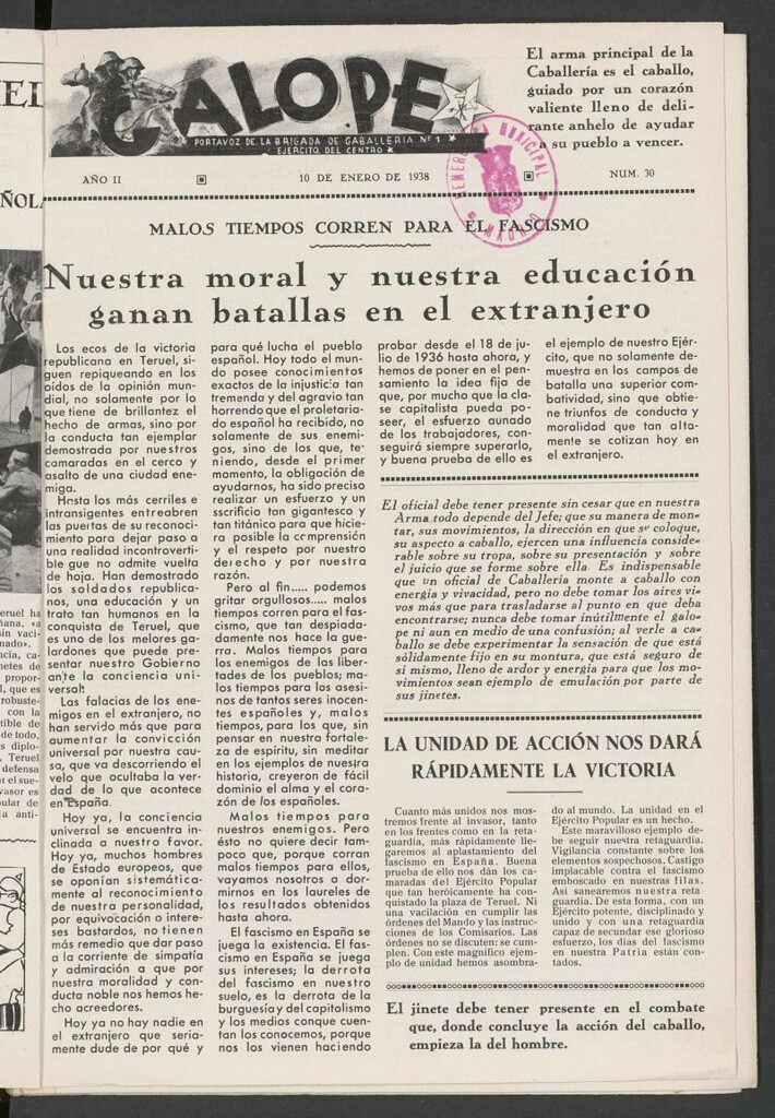 Miniatura de Galope : portavoz del Regimiento de Caballería del Ejercito del Centro del 10 de enero de 1938