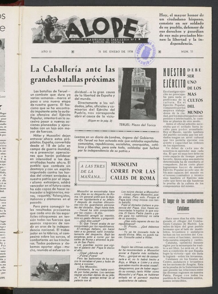 Miniatura de Galope : portavoz del Regimiento de Caballería del Ejercito del Centro del 31 de enero de 1938