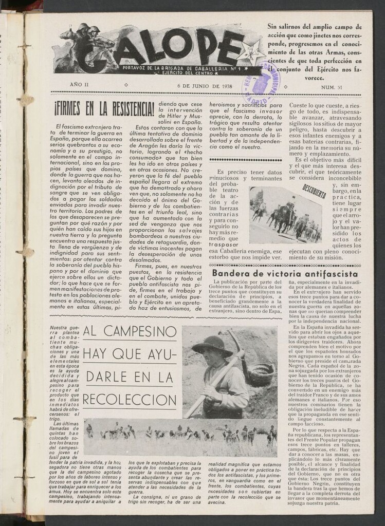 Miniatura de Galope : portavoz del Regimiento de Caballería del Ejercito del Centro del 6 de junio de 1938