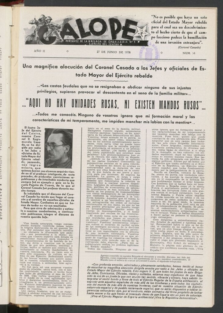 Miniatura de Galope : portavoz del Regimiento de Caballería del Ejercito del Centro del 27 de junio de 1938