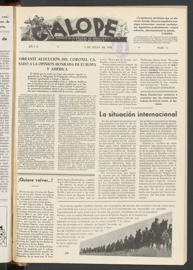 Miniatura de Galope : portavoz del Regimiento de Caballería del Ejercito del Centro del 4 de julio de 1938