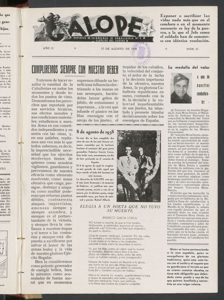 Miniatura de Galope : portavoz del Regimiento de Caballería del Ejercito del Centro del 15 de agosto de 1938