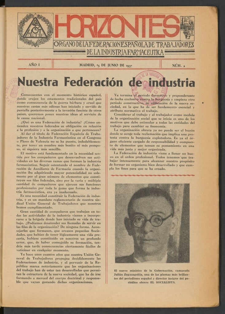 Miniatura de Horizontes : Órgano de la Federación Española de Trabajadores de la Industria Farmacéutica del 15 de junio de 1937