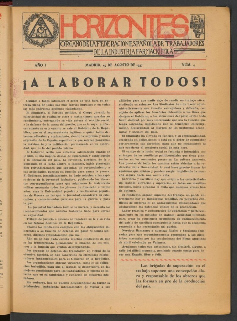 Miniatura de Horizontes : Órgano de la Federación Española de Trabajadores de la Industria Farmacéutica del 15 de agosto de 1937