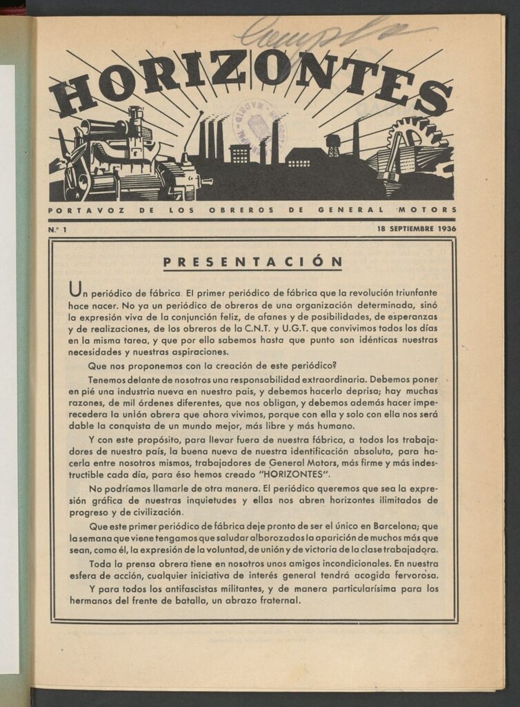 Miniatura de Horizontes : portavoz de los obreros de General Motors del 18 de septiembre de 1936