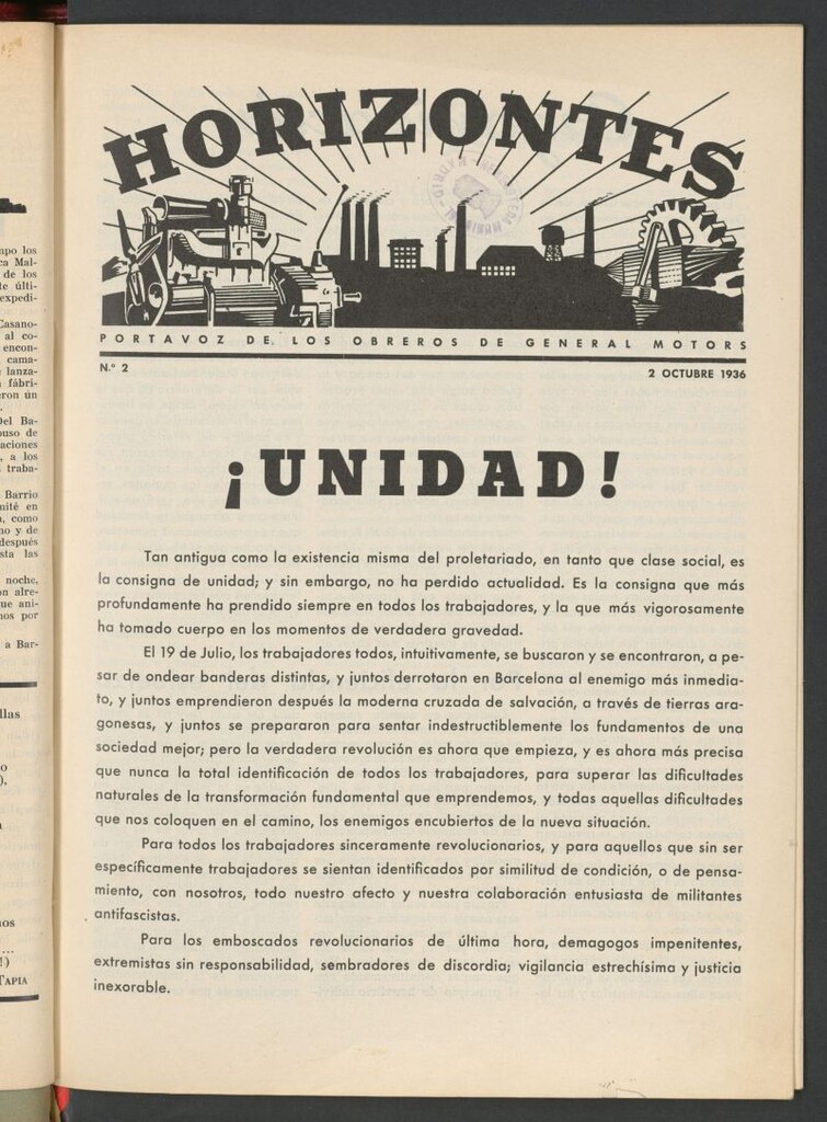 Miniatura de Horizontes : portavoz de los obreros de General Motors del 2 de octubre de 1936