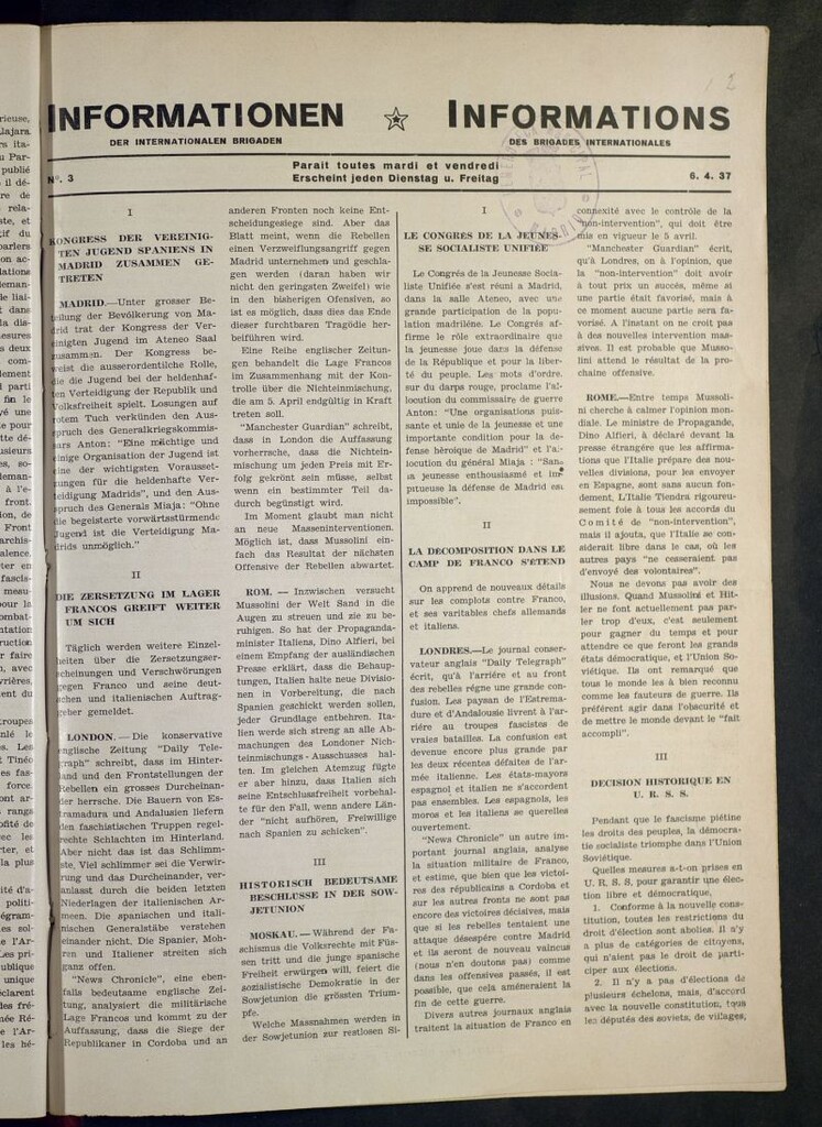 Miniatura de Informationen der Internationalen Brigaden = Informations des Brigades Internacionales. 6. 4. 37
