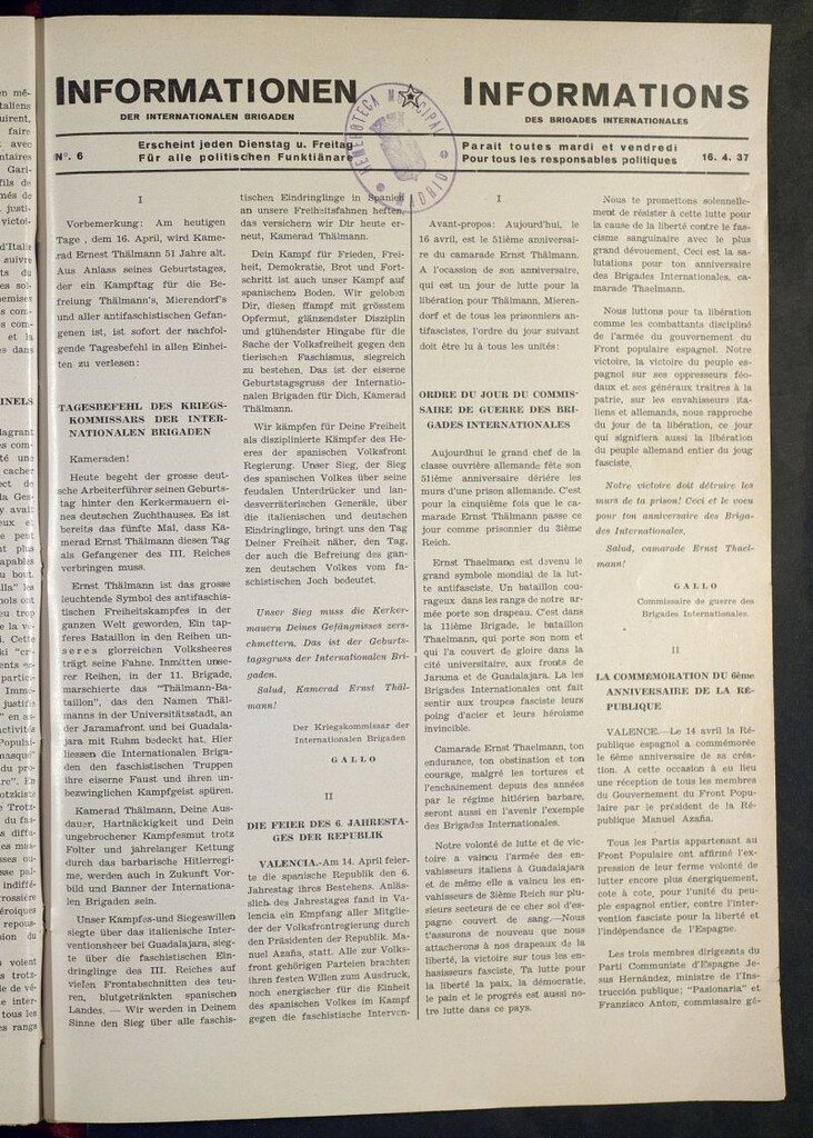 Miniatura de Informationen der Internationalen Brigaden = Informations des Brigades Internacionales. 16. 4. 37