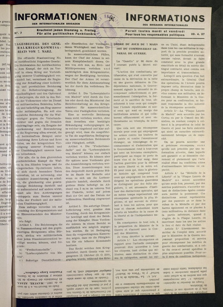 Miniatura de Informationen der Internationalen Brigaden = Informations des Brigades Internacionales. 20. 4. 37
