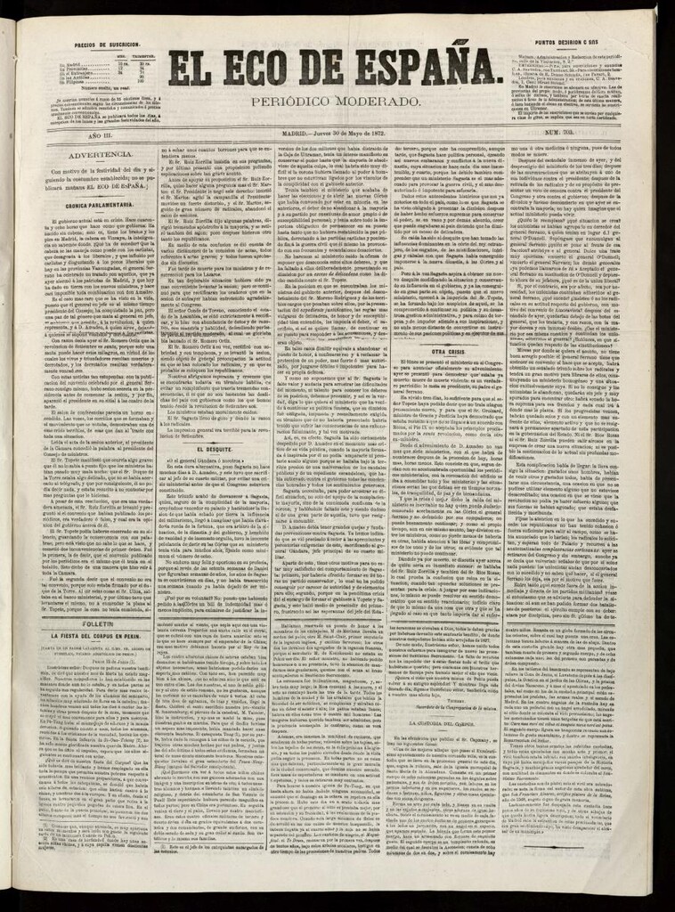 Miniatura de El Eco de España del 30 de mayo de 1872