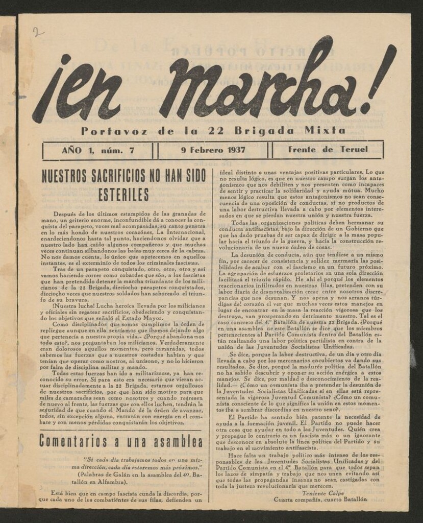 Miniatura de ¡En marcha! : portavoz de la 22 Brigada Mixta del 9 de febrero de 1937