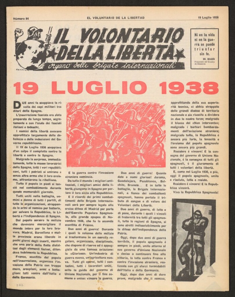 Miniatura de Il volontario della libertá : organe delle Brigade Internazionale. 19 Luglio 1938