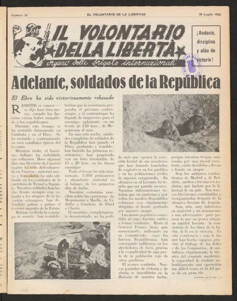 Miniatura de Il volontario della libertá : organe delle Brigade Internazionale. 29 Luglio 1938