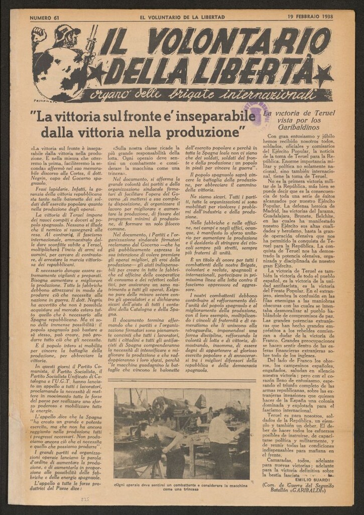 Miniatura de Il volontario della libertá : organe delle Brigade Internazionale. 19 febbraio 1938