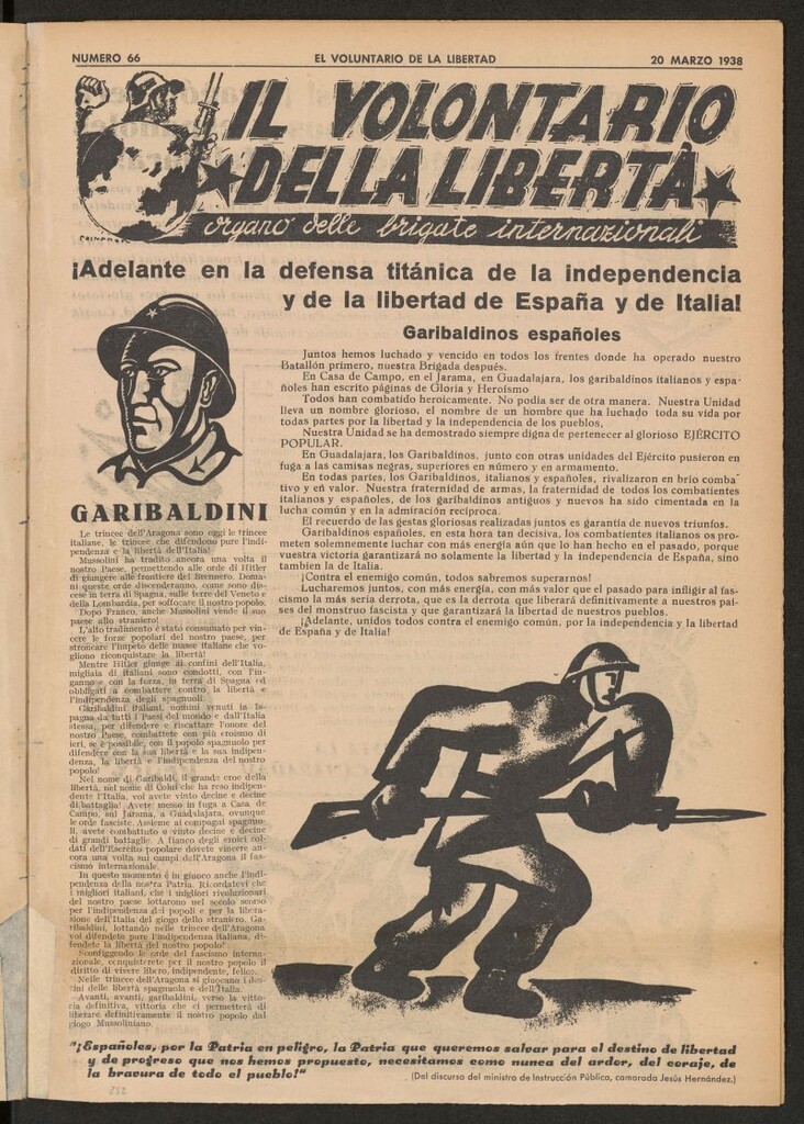 Miniatura de Il volontario della libertá : organe delle Brigade Internazionale. 20 marzo 1938