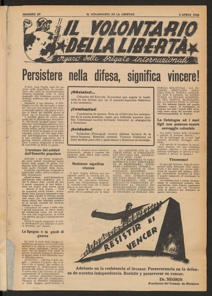 Miniatura de Il volontario della libertá : organe delle Brigade Internazionale. 2 aprile 1938
