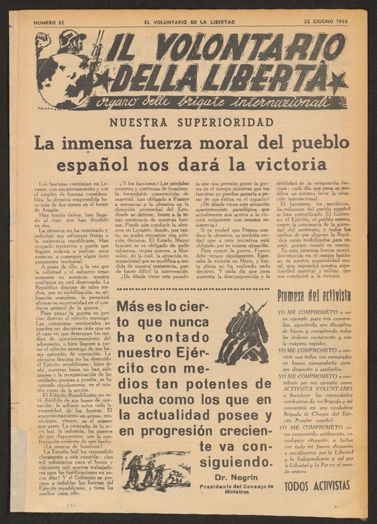 Miniatura de Il volontario della libertá : organe delle Brigade Internazionale. 22 giugno 1938