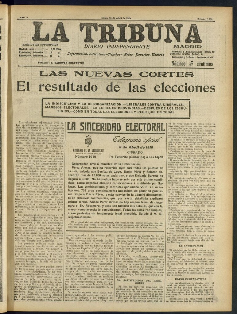 Miniatura de La Tribuna: diario independiente del 10 de abril de 1916
