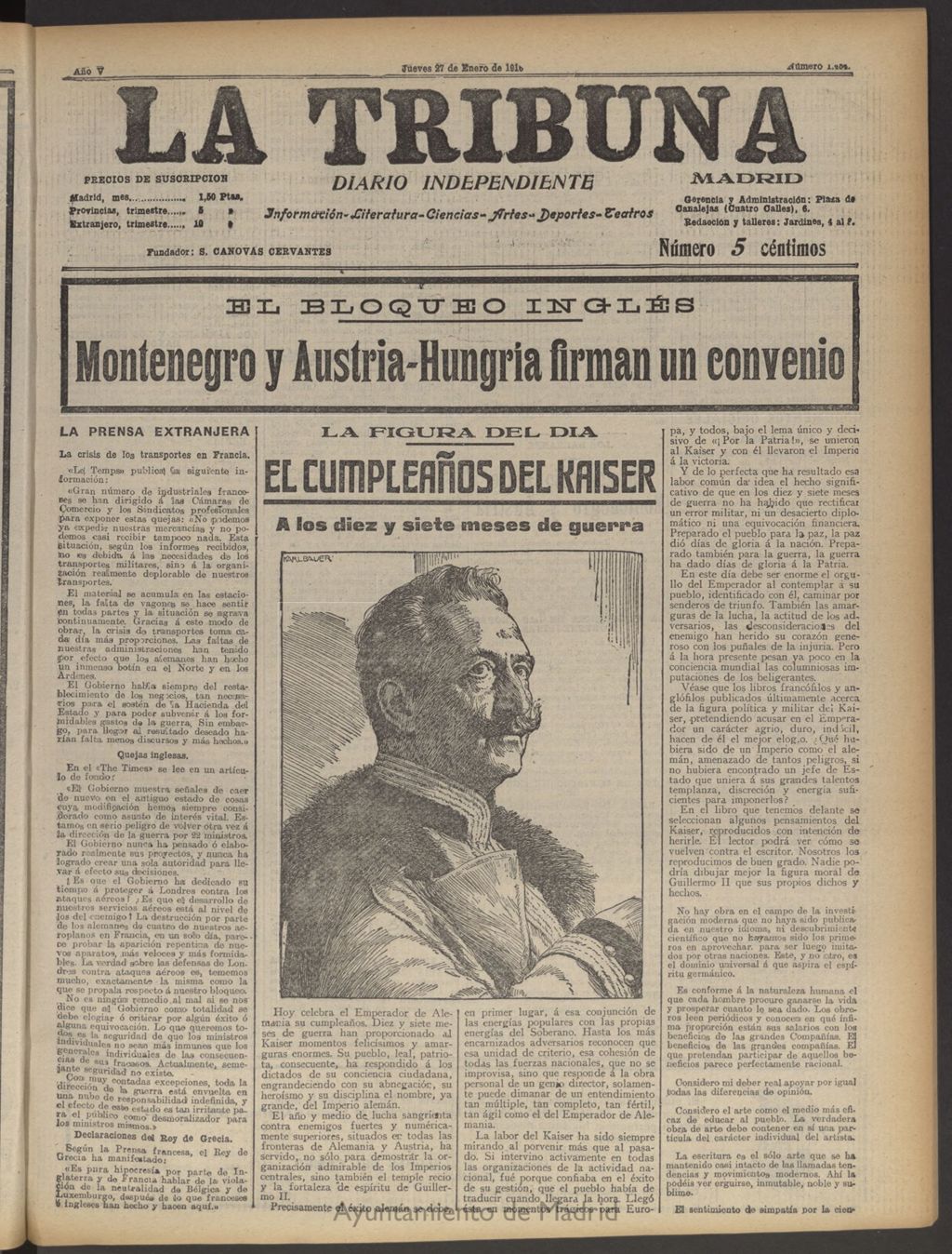 Miniatura de La Tribuna: diario independiente del 27 de enero de 1916