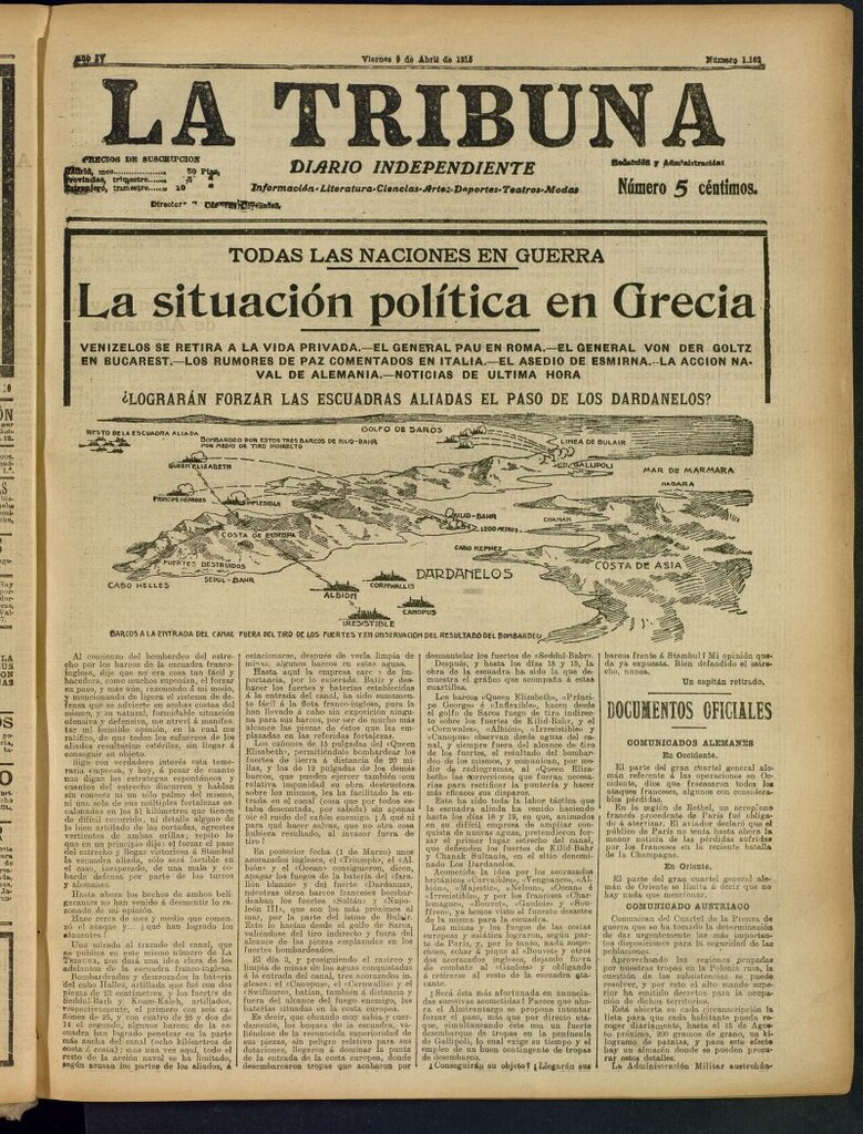 Miniatura de La Tribuna: diario independiente del 9 de abril de 1915