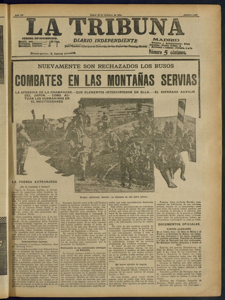 Miniatura de La Tribuna: diario independiente del 18 de octubre de 1915