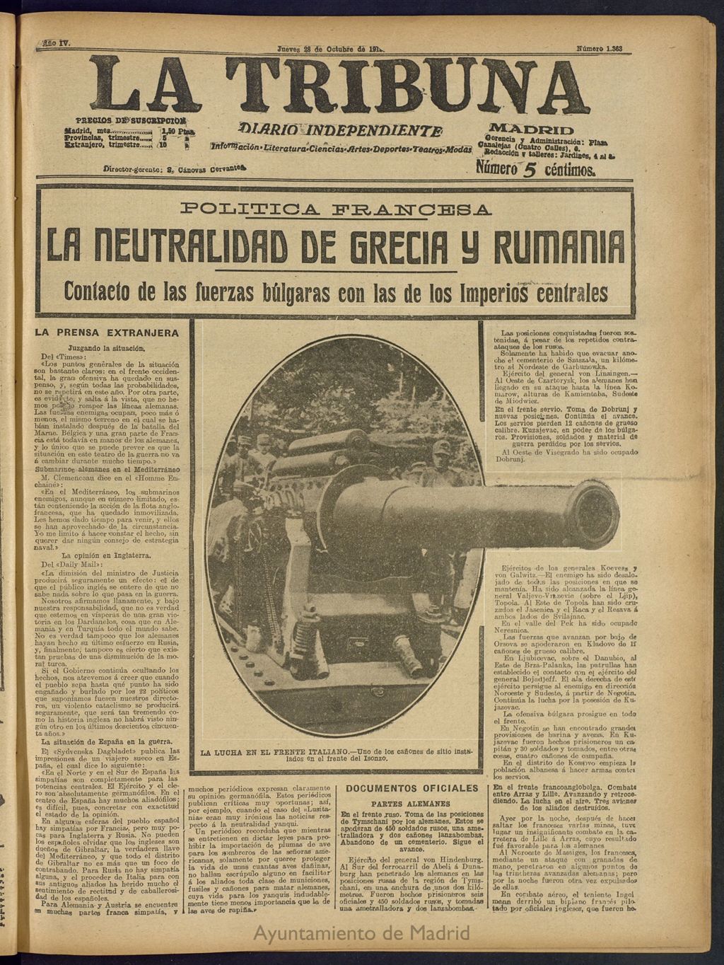 Miniatura de La Tribuna: diario independiente del 28 de octubre de 1915