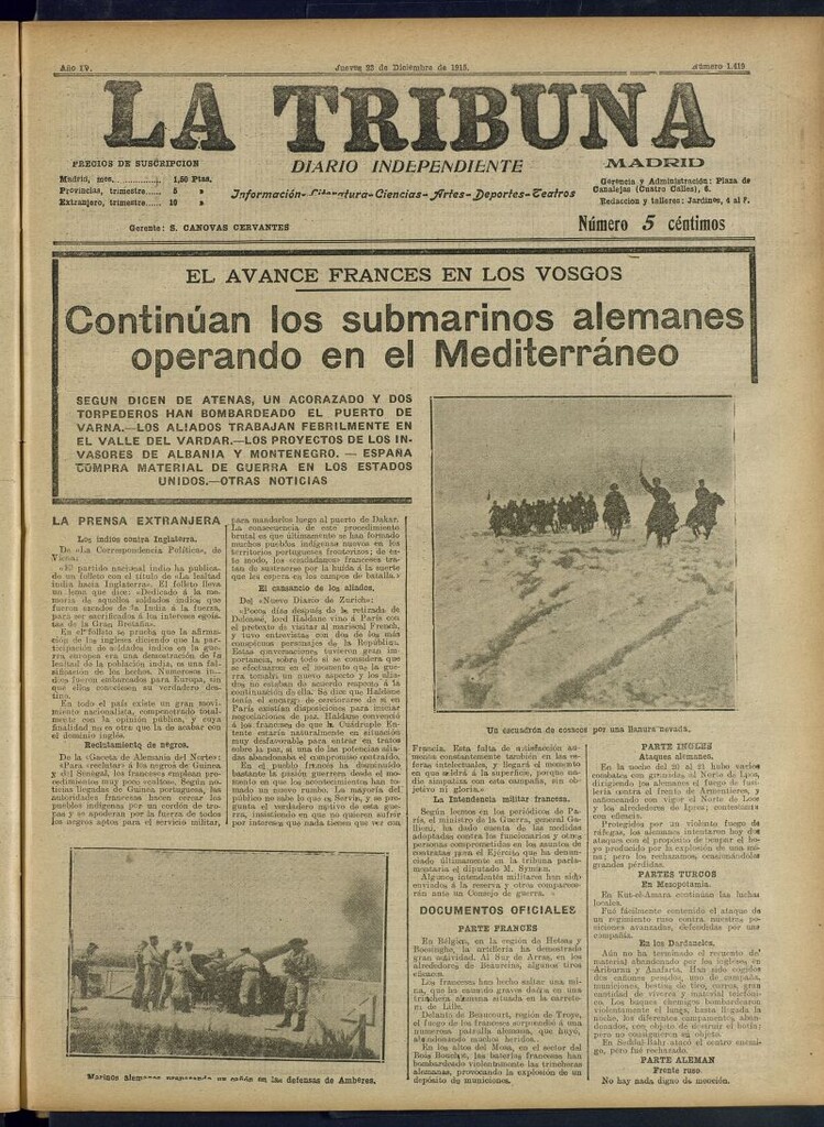 Miniatura de La Tribuna: diario independiente del 23 de diciembre de 1915