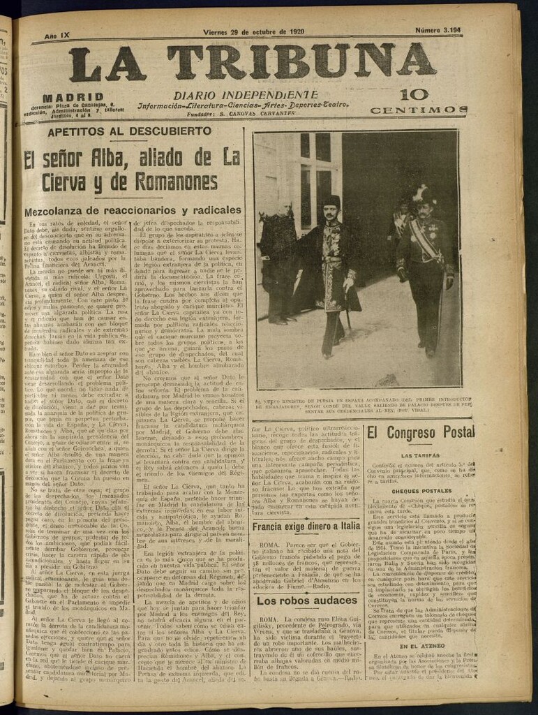 Miniatura de La Tribuna: diario independiente del 29 de octubre de 1920