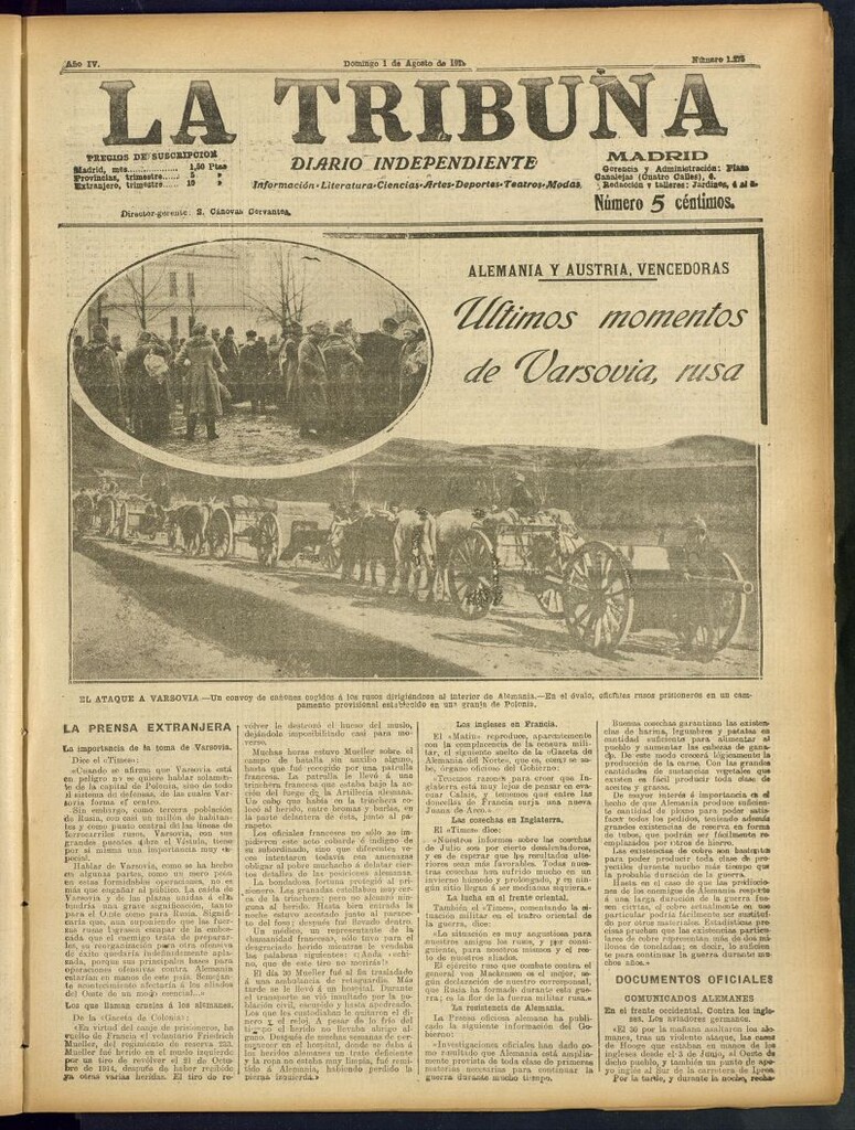 Miniatura de La Tribuna: diario independiente del 1 de agosto de 1915